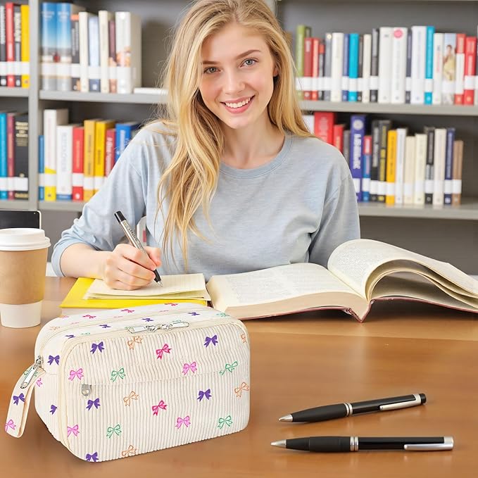 WOBAGMEN Cute Pencil Case,Large Corduroy Zippered Pencil Case Pouch, aesthetic Pencil Bag with Compartments, Pencil Pouch School Supplies (HY-corduroy pc-coloful bow)
