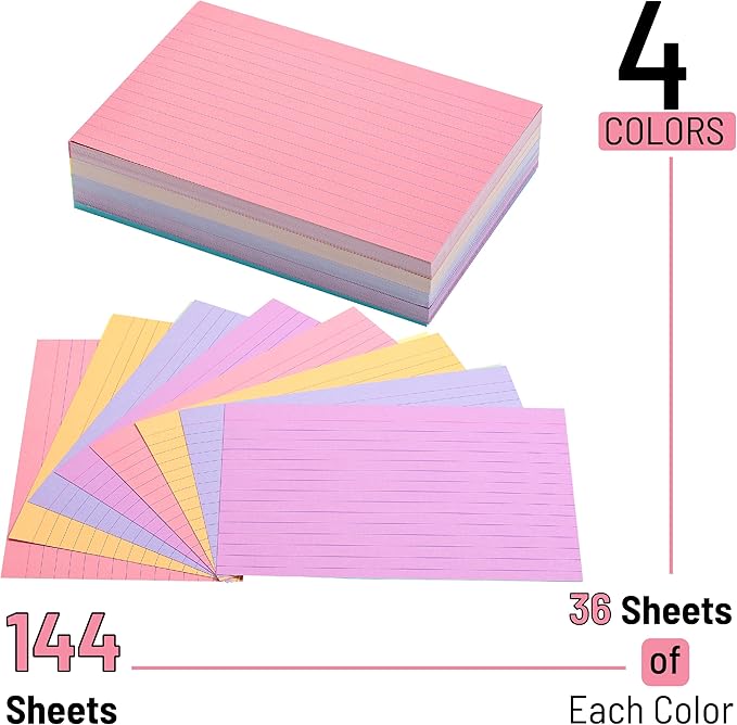 Mr. Pen- Lined Index Cards, 4"x6", 144 Cards, Assorted Colors, Bulk 4x6 Index Cards, Ruled for School, College, Office and Home Organization, Durable Study To Do List Note Cards with Ruled Lines