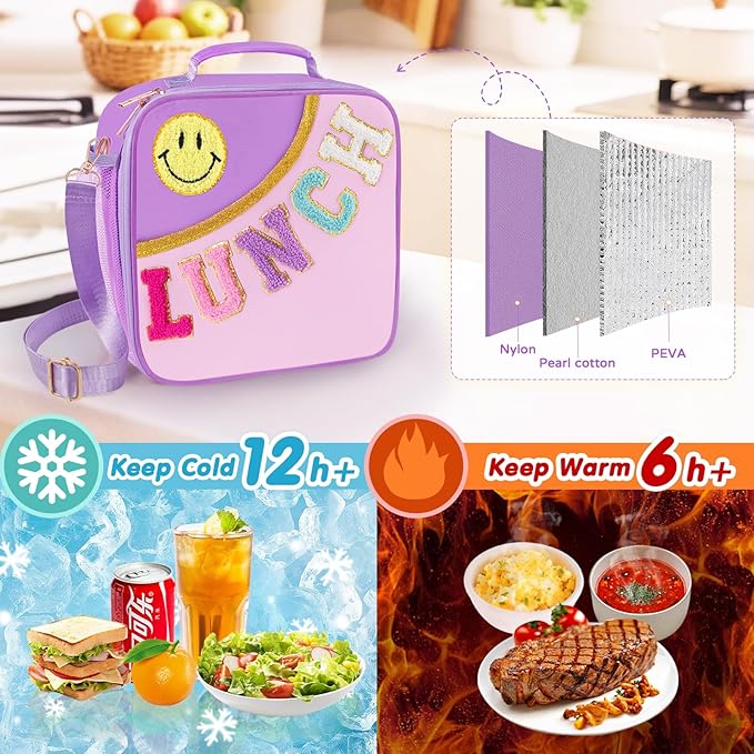 Nsrzua Lunch Bag Kids,Insulated Lunch Bag With Adjustable Shoulder Strap,Reusable Lunch Bag for Kids, Girls,Boys, lunch Bag Women,Preppy Lunch Box for School,Travel, Picnic (purple)