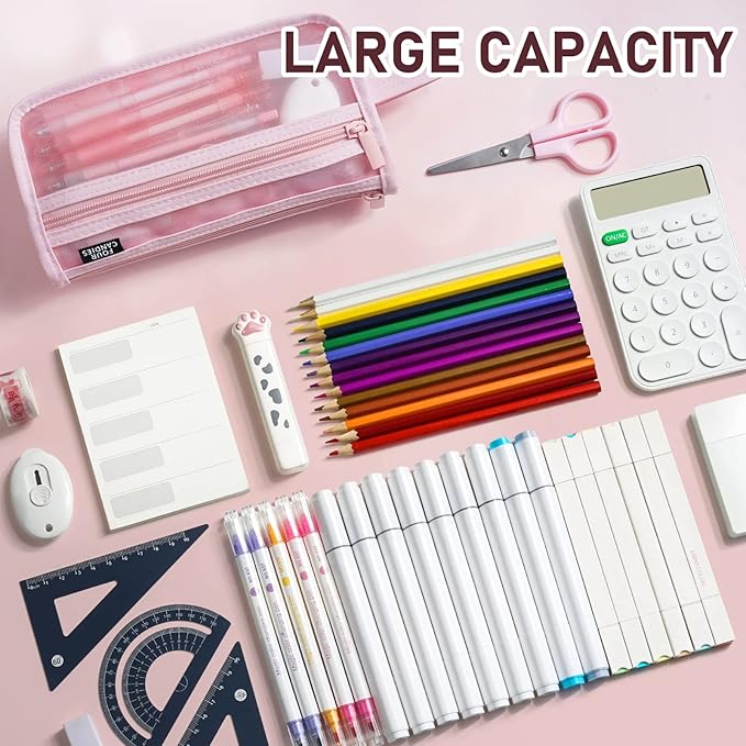 Four Candies Grid Mesh Pencil Case, Clear Double-layer with Handle (Pink) | Smooth Zipper, Transparent Pencil Pouch, Cute Stationary, Makeup Bag, Travel Friendly, for Adult Office College