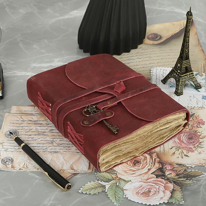 Leather Journal with Deckle Edge Paper 8x6 inch and Vintage Key | Handmade Writing Notebook Diary | Bound Daily Notepad for Men & Women Medium, Sketch/Writing pad for Artists