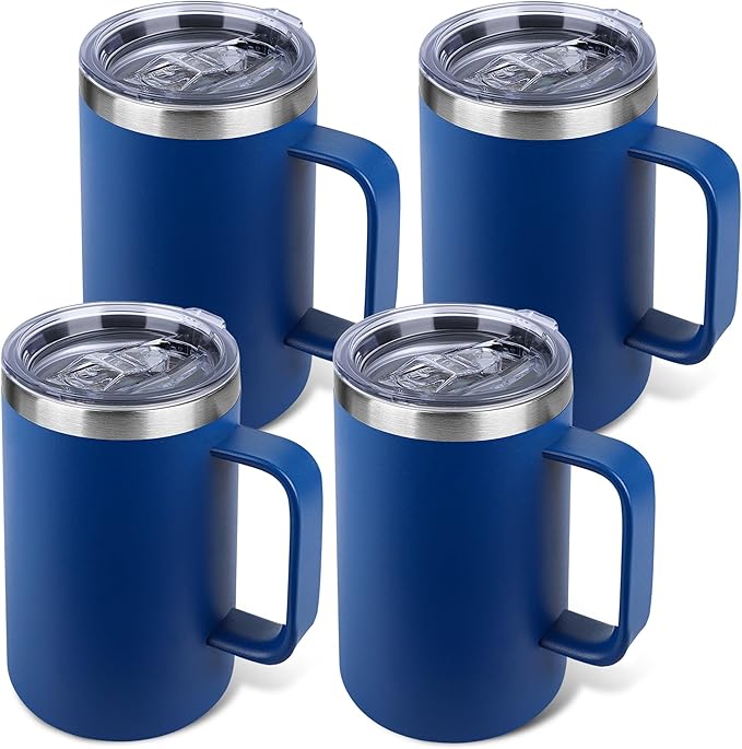 22oz Insulated Coffee Mug with Handle & Leak-Proof Lid - Double Wall Stainless Steel Travel Tumbler Bulk for Commute/Office/Home, Dark Blue, 4 Pack