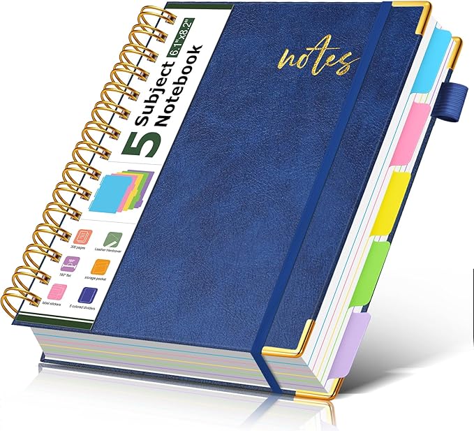 PAPEJOON 5 Subject Spiral Notebook Journal with Removable Dividers Tabs, 300 Pages Organizer Notebooks for Work School, A5 Hardcover Leather Notebook College Ruled, Lined Journal for Women Men，Navy