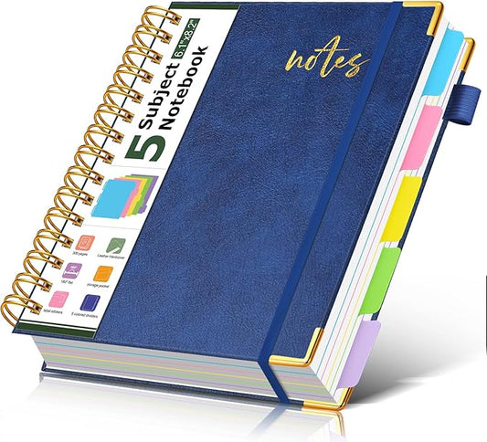 PAPEJOON 5 Subject Spiral Notebook Journal with Removable Dividers Tabs, 300 Pages Organizer Notebooks for Work School, A5 Hardcover Leather Notebook College Ruled, Lined Journal for Women Men，Navy