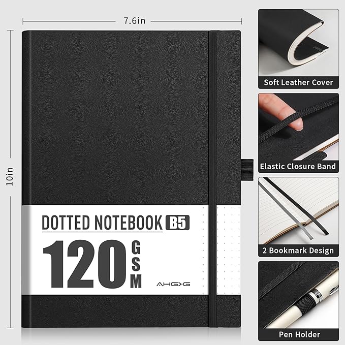 AHGXG Dotted Journal - Dot Grid Notebook Journal, 120 GSM Thick Acid-Free Paper, Large B5 Dotted Notebook 96 Pages, Leather Softcover, Inner Pocket, Journal Stencil, 7.6'' X 10'', Black