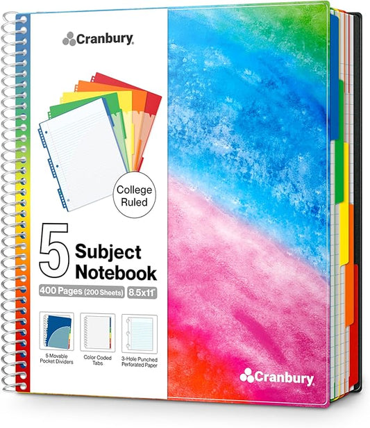 CRANBURY 5-Subject Notebook College Ruled, Movable Pocket Dividers with Tabs, 200 Sheets (400 Pages) 8.5x11 Paper, Colorful Spiral Notebook, Protective Plastic Covers, Multi Subject