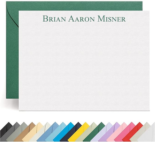 Personalized Stationery Note Cards with Envelopes – Custom Minimalist Thank You Cards, 12 Flat Note Cards & Colored Envelopes – Crush-Resistant Packaging - Folded Cards Optional (Top Middle Block)