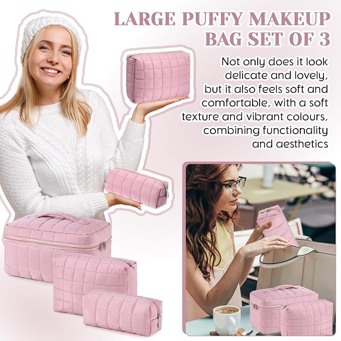 Huhumy 3 Pcs Large Puffy Makeup Bag Set Quilted Cosmetic Pouch for Women Cute Checkered Travel Toiletry Bag Puffer Makeup Organizer Purse Pouch Preppy Pencil Case with Zipper Valentine Gift(Pink)