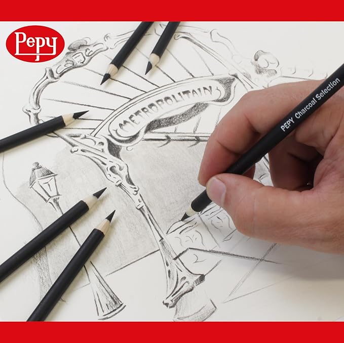 Pepy Professional Soft Charcoal Pencil Set – Set of 6 Pre-Sharpened Black Charcoal Pencils; Perfect for Drawing, Sketching, Blending and Shading