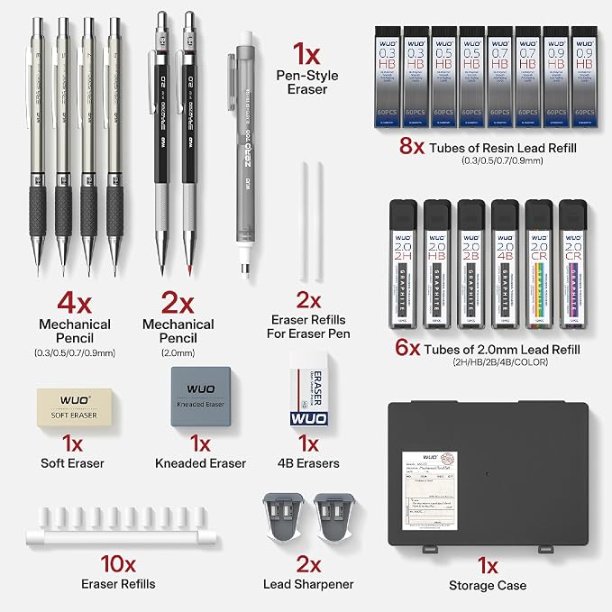 WUO 38PCS Art Mechanical Pencil Set with Storage Case, Metal Drawing Pencil | 0.3, 0.5, 0.7, 0.9 & 2PCS 2mm (2H HB 2B 4B Color) & 552 Lead Refills, 1 Eraser Pen, Artist Pencils for Sketching, Drafting