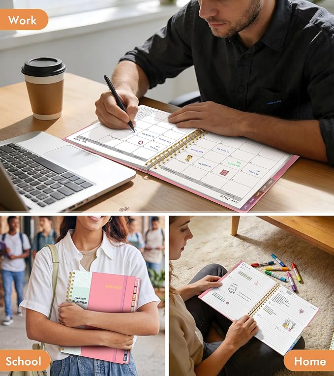 Academic Planner 2026-2027, Weekly and Monthly Calendar Planner from July 2026 - June 2027, 8.5" x 11" A4 Large Daily Agenda Book with Tabs, Flexible Cover, College School Organizer for Student Teacher, Pink