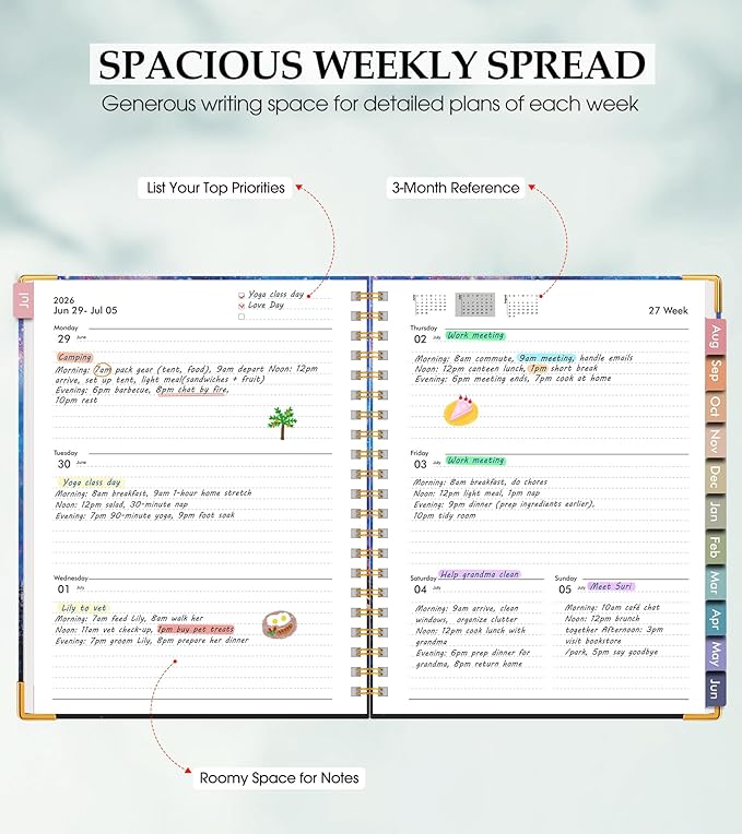 Academic Planner 2026-2027, Hardcover Leather Weekly and Monthly Calendar Planner from July 2026 - June 2027, A5 6.1" x 8.2" Daily Agenda with Tabs, College School Organizer for Student Teacher, Forest Under a Starry Sky