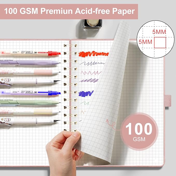 EMSHOI Spiral Graph Paper Notebook, Hardcover Leather Journal 140 Pages, 100 GSM Thick Paper, 5mm Grid Paper Notebook for School Writing Math Graphing Engineering, B5(7.48"x10.15") - Rose Gold