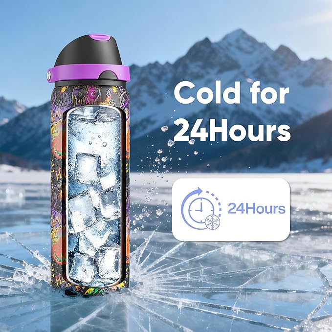 Insulated Water Bottle with Straw - Encool Stainless Steel Water Bottle with Push Button Lid, Leak-Proof & BPA-Free, Keeps Cold for 24 Hours for Sports, Travel, Gym (32 oz, Ghost Party)