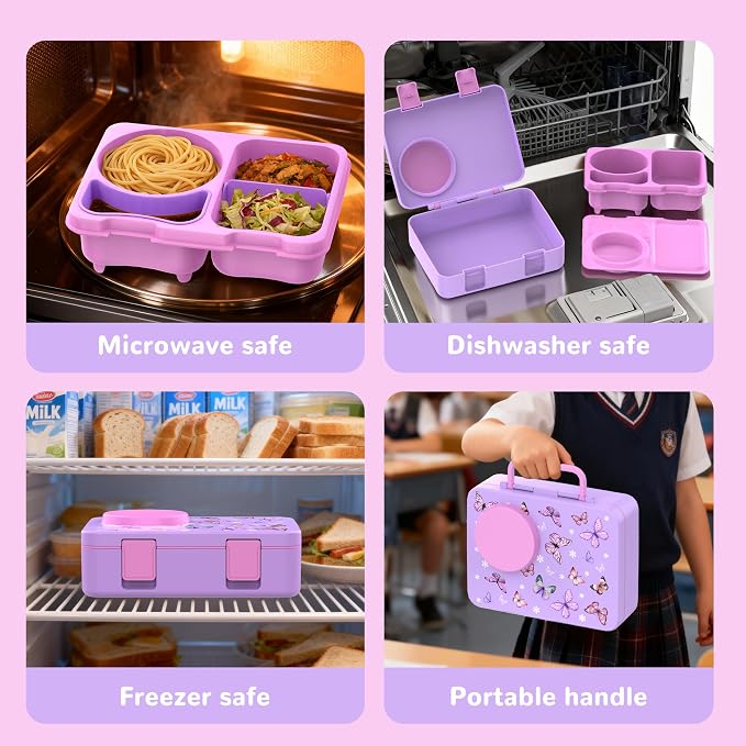Kids Insulated Lunch Box with 8OZ Thermo Food Jar | Leakproof Bento Box with Ice Pack Sauce Cup Utensils Removable Tray & Dividers for School Daycare Travel, Butterflies