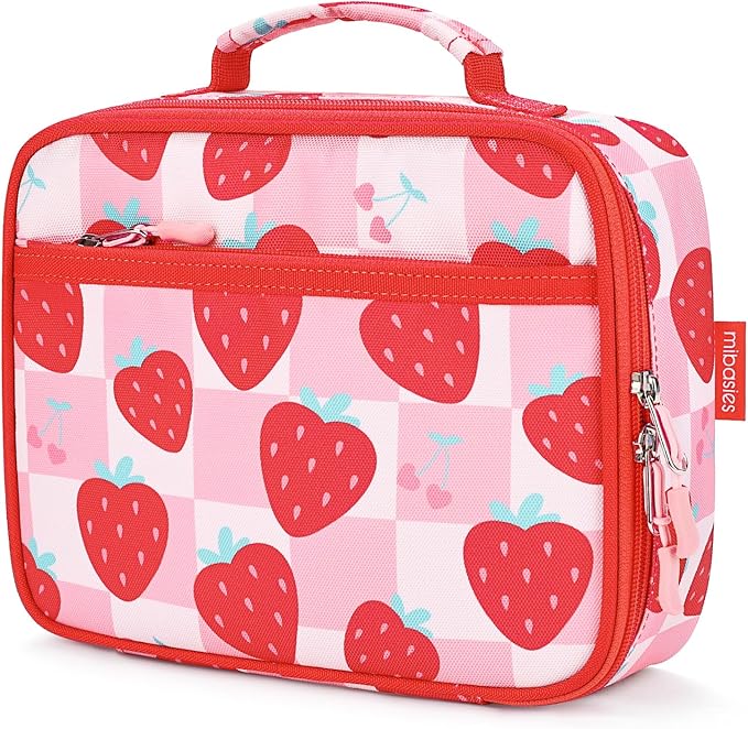 mibasies Kids Lunch Box for Girls Toddler, Insulated and Reusable Lunch Bag for School, Strawberry Checkerboard