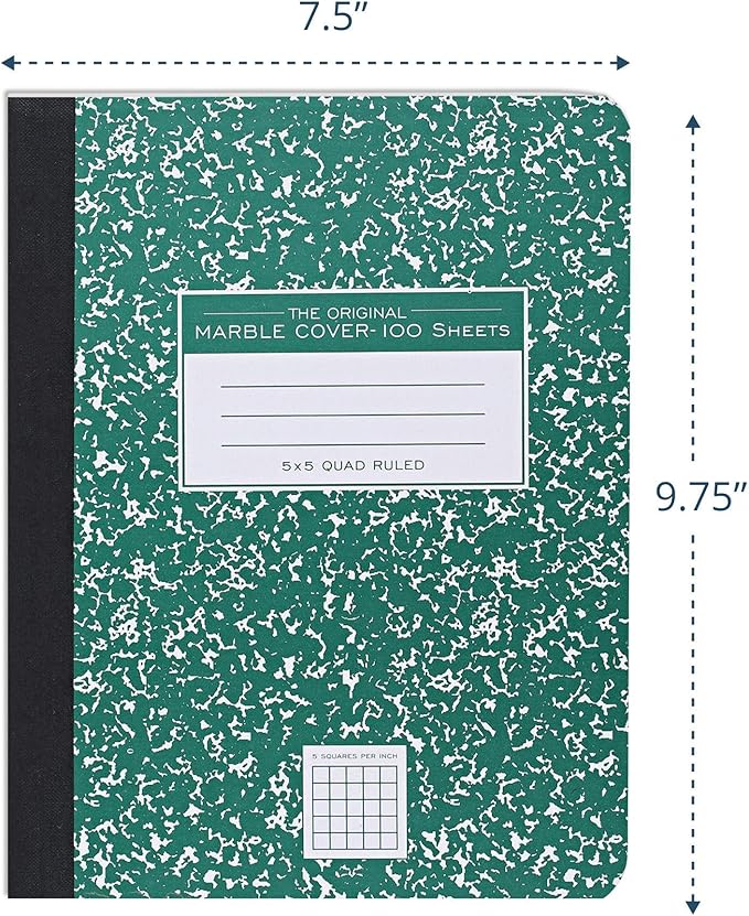 ROARING SPRING Hard Cover Composition Notebook, Green Marble Comp Book, 9.75″ x 7.5″, 5x5 Grid Graph Ruled, 100 Sheets (200 Pages), Made in USA