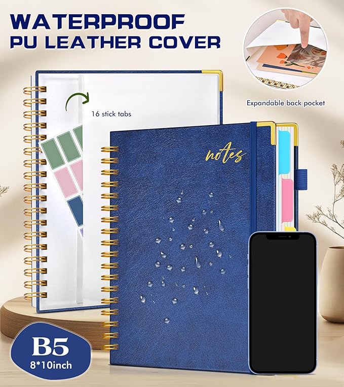 5 Subject Spiral Notebook Journal with Removable Dividers Tabs, 300 Pages Organizer Notebooks for Work School, 8"x10" Hardcover Leather Notebook College Ruled, Large Lined Journal for Women Men,Navy