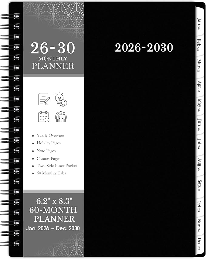 2026-2030 Monthly Planner/Calendar - Jul. 2026 - Dec. 2030, Monthly Planner, 5 Year, 6.2" x 8.3", Multi Year Calendar 2026-2030 with Twin-Wire Binding, Tabs, Storage Pocket - Black