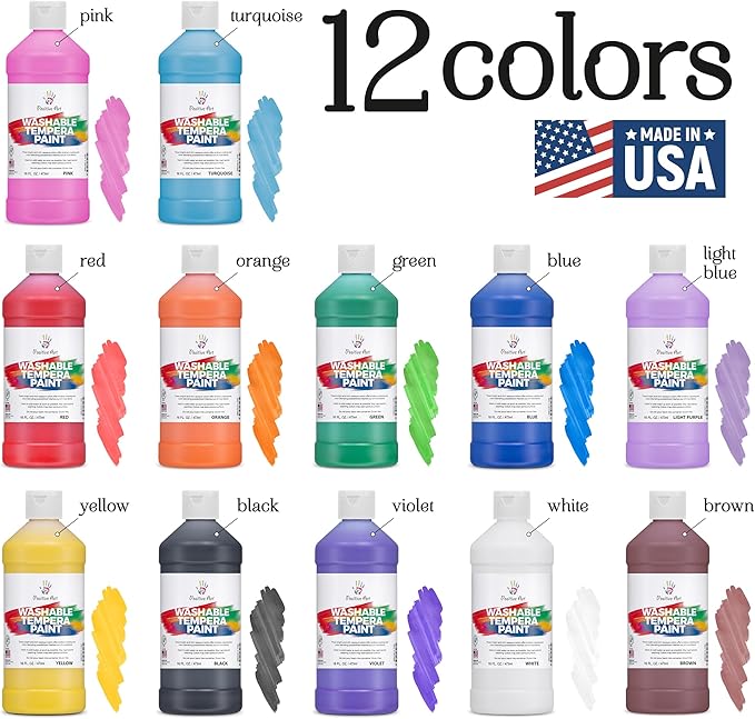 Positive Art Washable Paint for Kids, 12 Colors, 16 oz Bottles, Non-Toxic Tempera Paint Set for School and Classroom, Paraben-Free