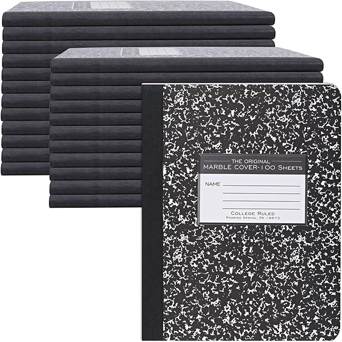ROARING SPRING Hard Cover Composition Notebook, 24 Pack, Black Marble Comp Book, 9.75″ x 7.5″, College-Ruled with Margin, 100 Sheets (200 Pages), Made in USA