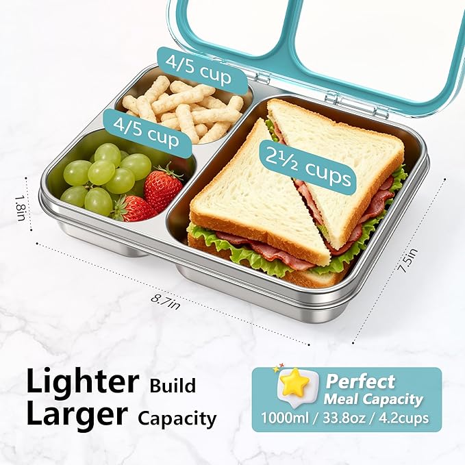 HOMEKOL Stainless Steel Bento Lunch Box, 3-Compartment Leak-Proof Metal Lunch Container for Kids & Adults, BPA-Free, Dishwasher Safe, Clear Tritan Lid, 4.2Cups/1000ml Blue (Not Insulated)