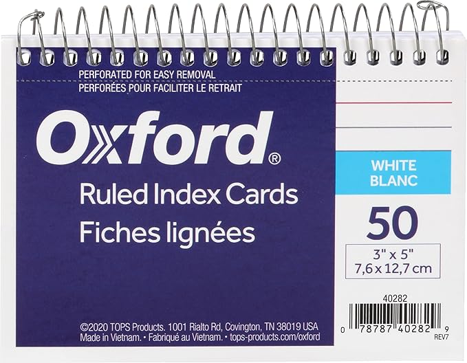 Oxford Spiral Ruled Index Cards, 3 x 5 Inches, White, 50 per Pack (40282) (Pack of 2)
