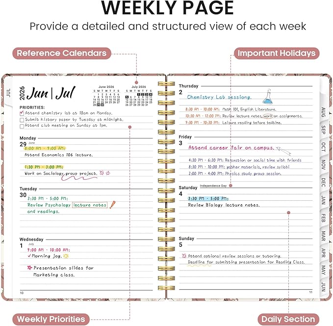 Planner 2026-2027, Academic Monthly and Weekly Calendar Planner for Women, July 2026 - June 2027, Hardcover Pretty Agenda Planner Book with Tabs, Spiral Daily Organizer for School Office Home Supplies, 6.3" x 8.5" - Blush Petals