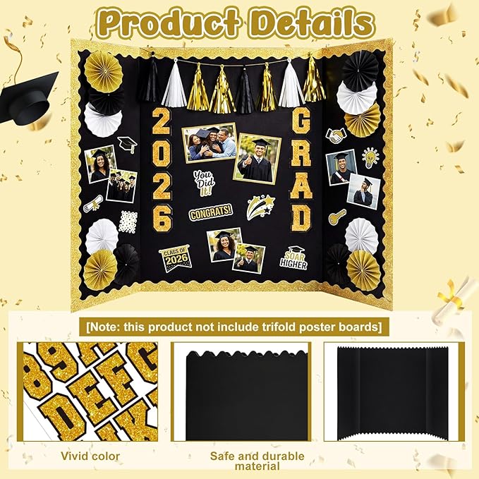 31 Pcs Graduation Photo Display Board Decoration 40"x28" Trifold Poster Board Graduation Themed Stickers Grad Fan Tassel Garland for 2026 Grad Party College Picture Frame(Black Gold Silver)