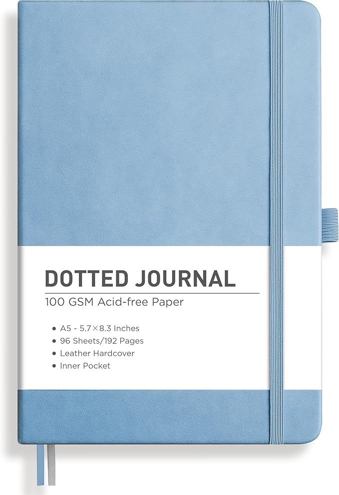 RETTACY Dotted Journal Notebook, 192 Pages, A5 Medium Size (5.7'' x 8.3''), Leather Hardcover, 100 GSM Thick Paper, for Journaling, Planning, Tracking (Light Blue)