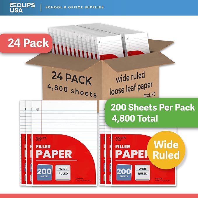 Wide Ruled Loose Leaf Paper Wide Ruled Notebook Paper Lined Writing Filler Paper 10.5” x 8” 56 gsm 4800 Sheets 200 Sheet Per Pack (24 Pack)