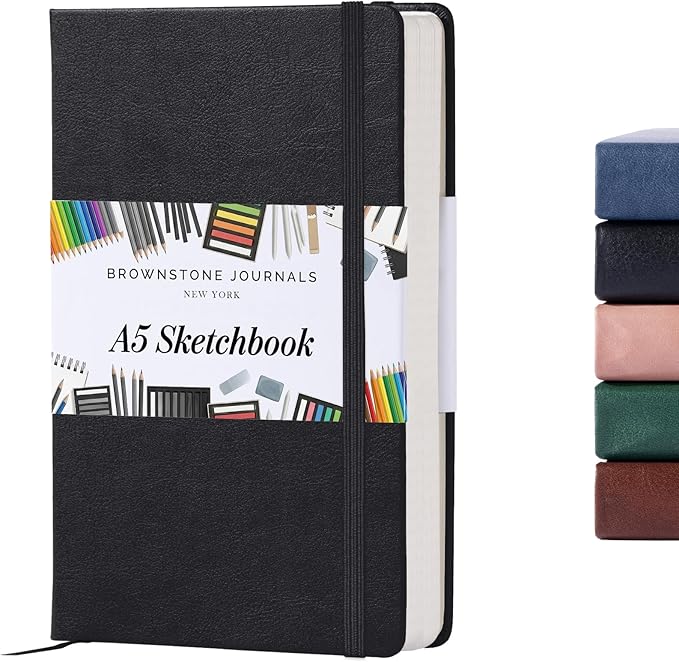 BROWNSTONE JOURNALS A5 Sketch Book Hardcover - 80 Sheets 100 GSM Paper 5"x8", Lay Flat, Vegan Leather Cover, Elastic Band, Back Pocket, Art Drawing Book (Charcoal Black)