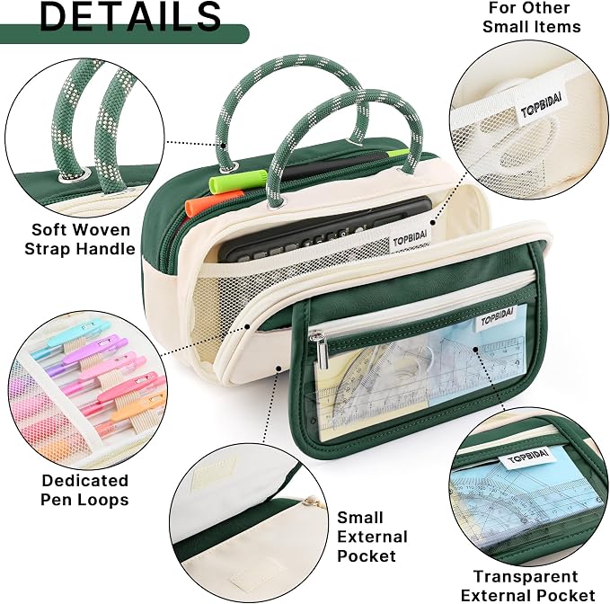 TOPBIDAI Large Pencil Case Pouch School Supplies for Girls Boy Women Men | Big Pencil Bag with 5 Compartments, Easy Grip Handle, Office College School Pencil Box