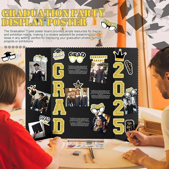 MiniInflat 4 Set 2026 Graduation Picture Trifold Poster Board Double-sided Foldable Photo Display Board Graduation Decoration for Class of 2026 High School College DIY Craft(Black Gold,24 x 32 Inches)