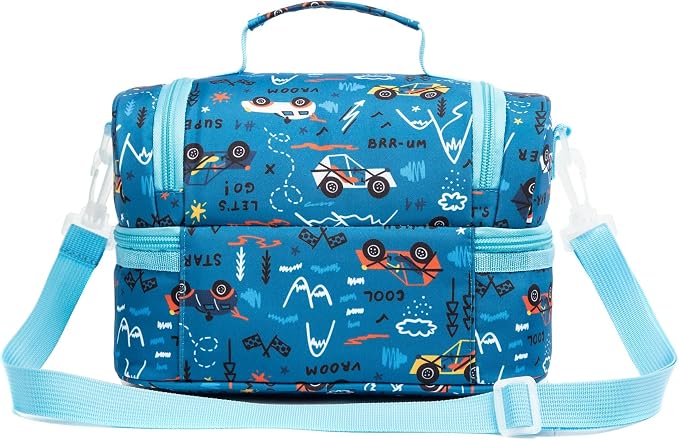 Insulated Kids Dual Compartment Lunch Bags Tote Pack for Girls Boys Toddler Kindergarten School Picnic Food Cooler Boxes with Shoulder Strap (Blue Car)