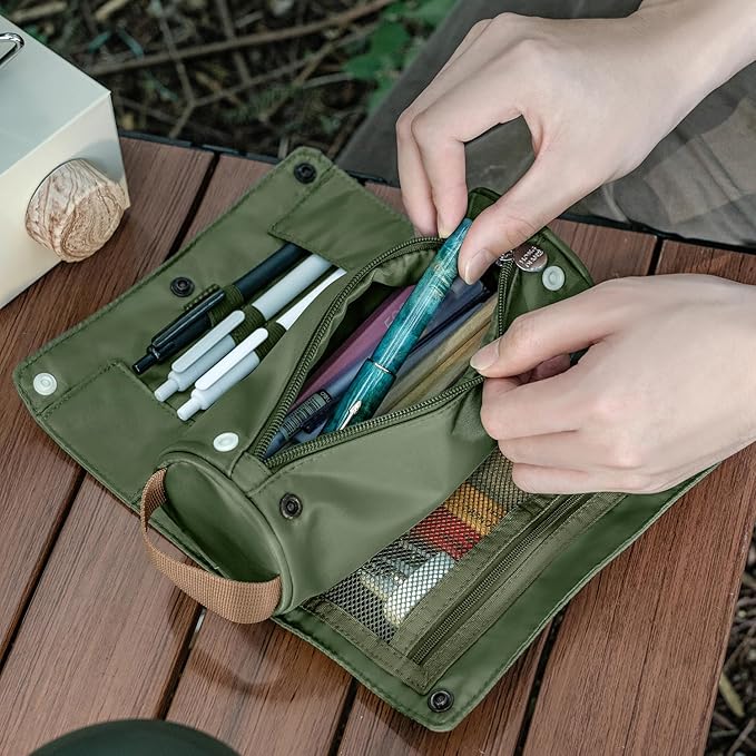Lanxivi Large Capacity Pencil Case Roll Up Design Multifunctional Pencil Holder Pouch Stationery Pen Bag for Teen Girls and Boys Camping style - Green