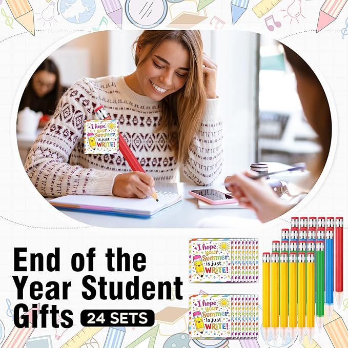 24 Sets End of the Year Student Gifts 13 Inch Big Wooden Jumbo Pencils Set of Giant Pencil Prop with Summer Greeting Card Large Pencils with Cap Preschool Kindergarten Graduation Gift