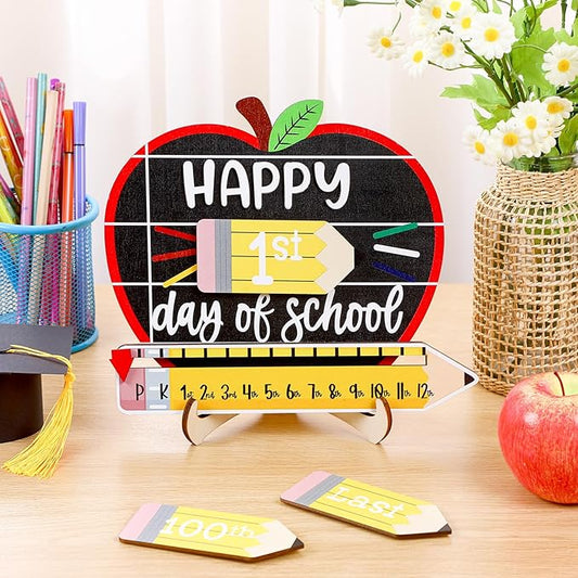 Kosiz Apple First and Last Day of School Sign Back to School Board Gifts Round Wooden First Day of Sign Reusable Dry Erase 8''