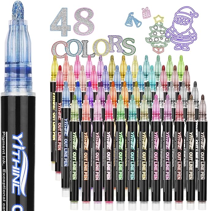 Outline Markers, 48 Metallic Shimmer Glitter Gel Pens, Tween Teen Girl Gifts Trendy Stuff, Cool Cute Art Craft School Drawing Supplies, Birthday Fun Kits for Kids Girls Ages 4 6 8 10 12 Year Old