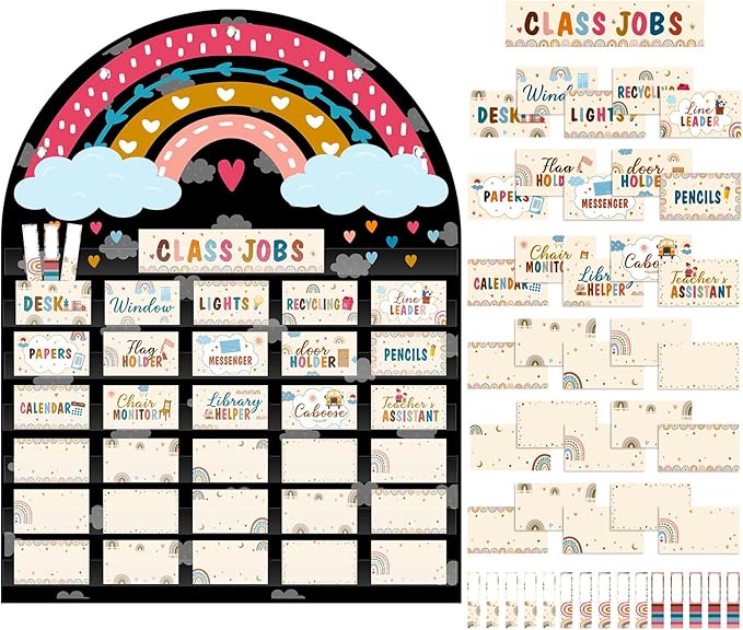 Pajean Class Jobs Pocket Chart Rainbow Pocket Chart with 96 Pcs Boho Cards Classroom Bulletin Board Set Teacher's Helper Hands Management Chalkboard Decor for Back to School Preschool Supplies