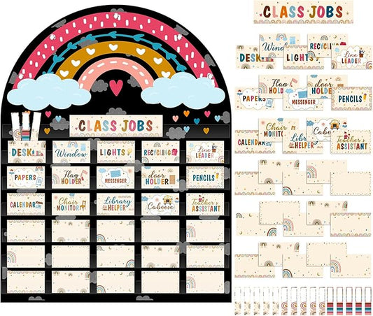 Pajean Class Jobs Pocket Chart Rainbow Pocket Chart with 96 Pcs Boho Cards Classroom Bulletin Board Set Teacher's Helper Hands Management Chalkboard Decor for Back to School Preschool Supplies