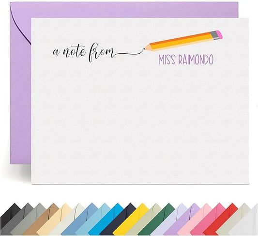 Personalized Stationery Teacher Note Cards with Envelopes – Custom Minimalist Thank You Cards, 12 Flat Note Cards & Colored Envelopes – Crush-Resistant Gift Packaging (Writing Pencil)