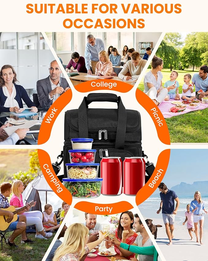 HowFly Lunch Box for Women Insulated Lunch Bag Cute Resuable Leakproof Lunch Box Portable Thermal Meal Cooler Bags for Work Picnic Travel Office (Black Nylon)