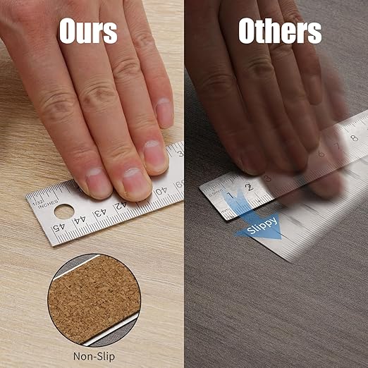 Metal Ruler with Cork Backing, 12 Inch Stainless Steel Rulers 12 Inch Metal Ruler - Imperial and Metric - Non-Slip Prevent Ink Leakage - for School Office Engineering Tools