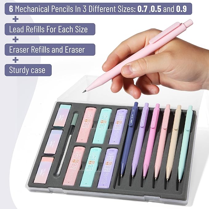 Mr. Pen- Pastel Mechanical Pencil Set with Lead Refills & Erasers, 6 Pack, 3 Sizes, 0.5 0.7 & 0.9mm, 6x Tubes HB Lead Refill, 3x Eraser for School Supplies, Students, Drafting, Drawing & Sketching