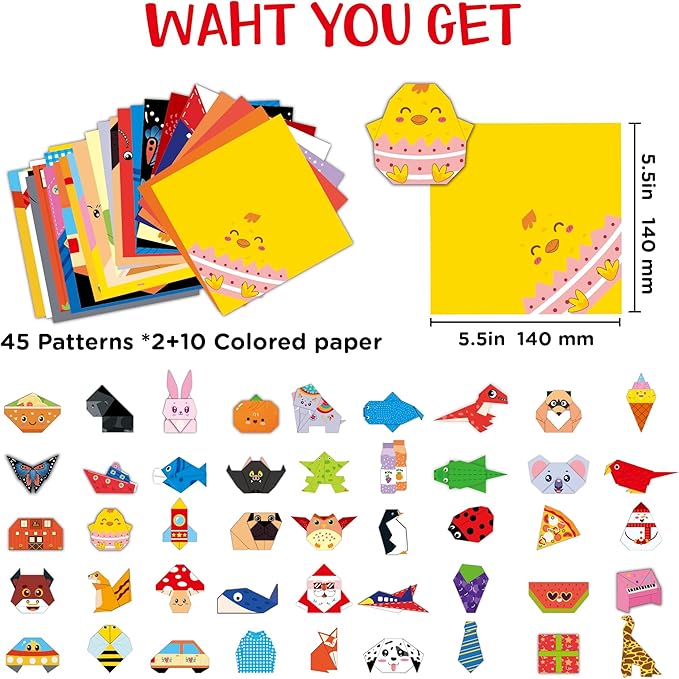 Origami Kit for Kids Ages 5-8 8-12, 100 Sheets Double Sided Colorful Folding Paper (45 Patterns×2+10Blank) with Clear Guiding Book, Animals Dinosaur Art Activity DIY Craft Set Gift for Girls Boys