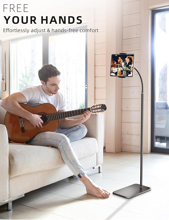 LanPavilion iPad Stand, Adjustable Tablet Floor Stand Metal Tablet Holder with Flexible Gooseneck, Compatible with iPad, Kindle, and Cell Phones (4.7''-13''), Ideal for Hands-Free Use