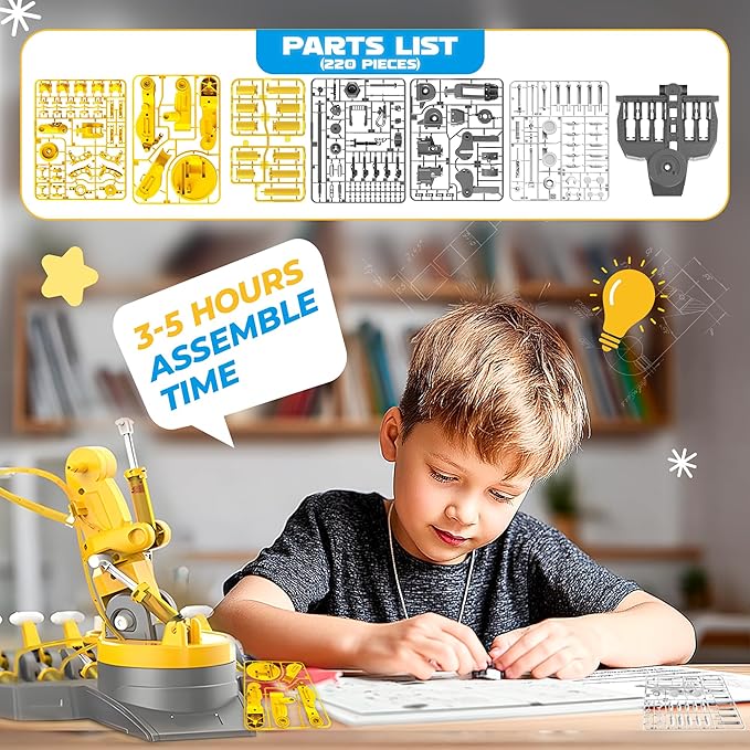 SMIESSKIDDO 3 in 1 Hydraulic Robot Arm - 220 Pcs STEM Building Toys with 4-Jaw Grab, Suction & Tongs for Kids 8-12 | No Batteries Needed Engineering Gift for Boys & Girls Ages 9 10 11 - Yellow