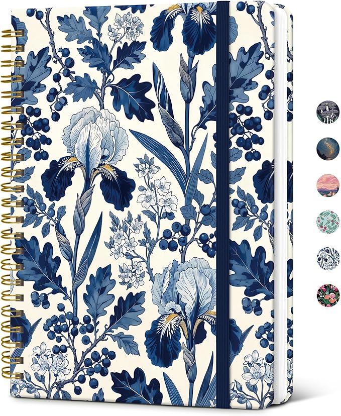 Taja Lined Spiral Journal Notebook for Women, Pretty College Ruled Notebook for Work & Note Taking, A5 Hardcover Journal for Writing, Cute Aesthetic 140 Pages, Blue Heirloom