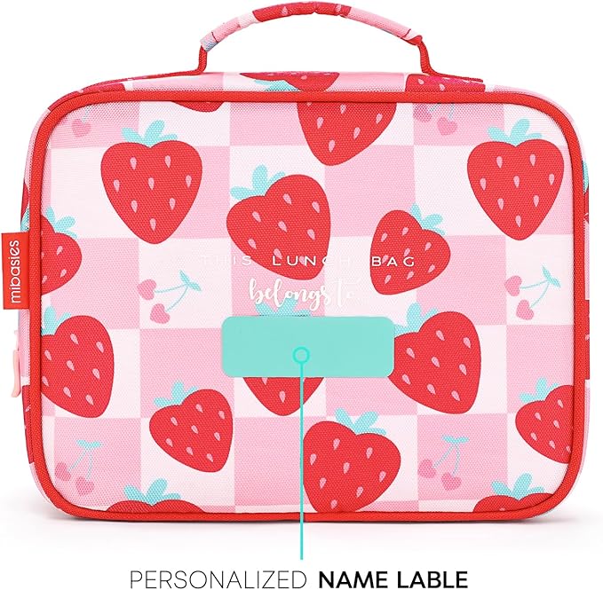 mibasies Kids Lunch Box for Girls Toddler, Insulated and Reusable Lunch Bag for School, Strawberry Checkerboard